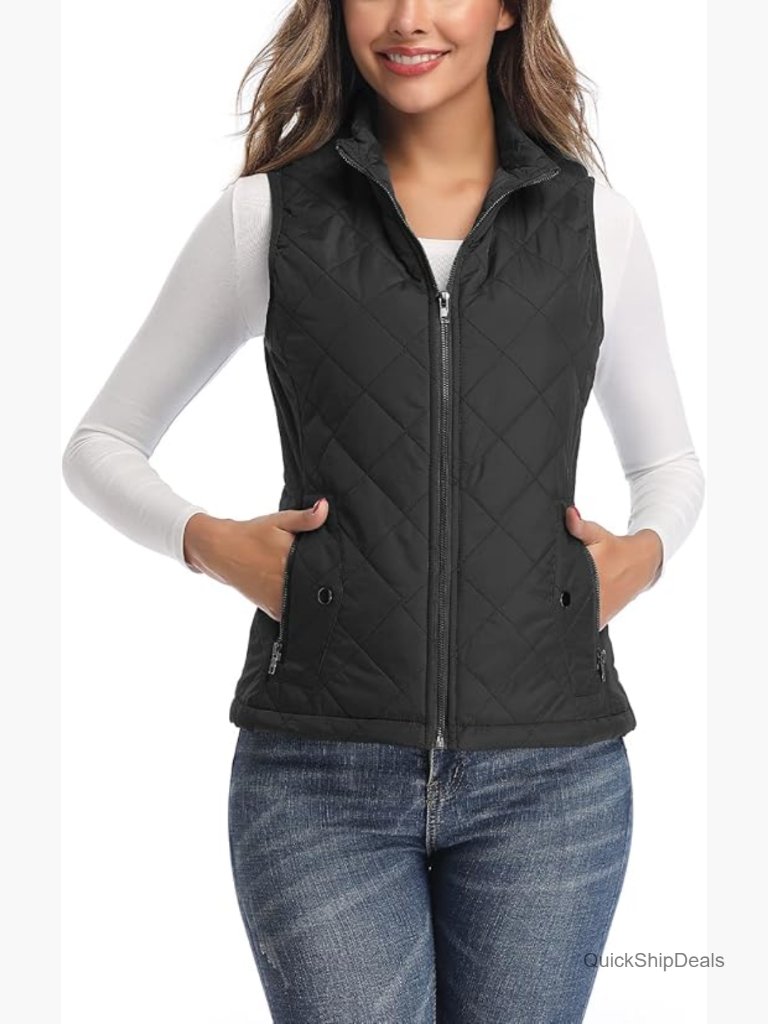 Stand Collar Lightweight Zip Quilted Vest With Pockets